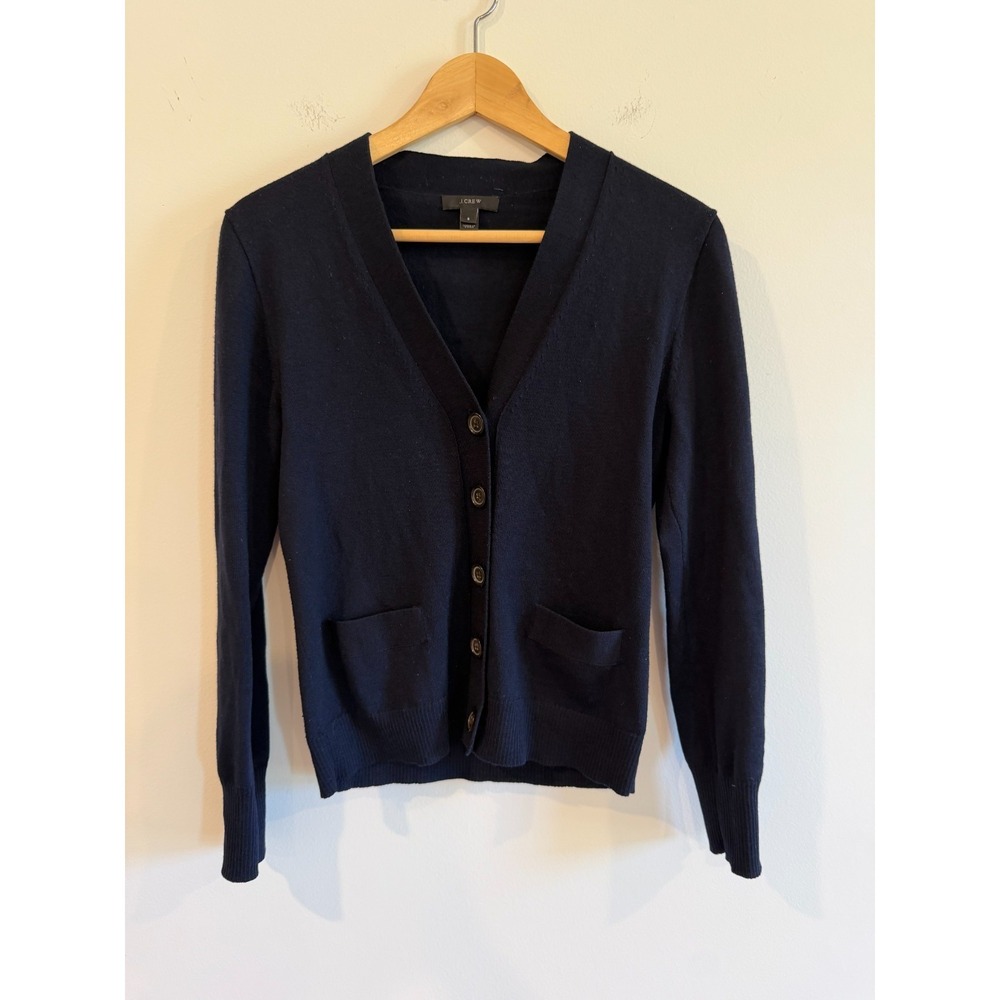 J. Crew 100% Merino Wool Cardigan Sweater Women Small Navy Blue Preppy V-Neck